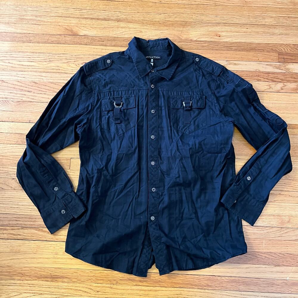 Affliction Shirt Mens XL Black Cross Skull Long Sleeve Button Up **